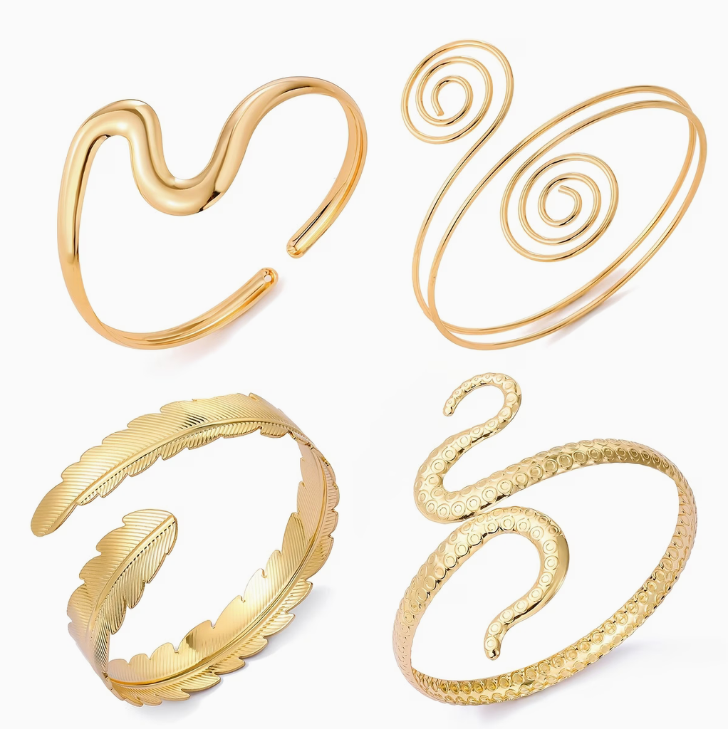 4-Piece Gold Arm Cuff Set | Wave, Spiral, Feather & Snake