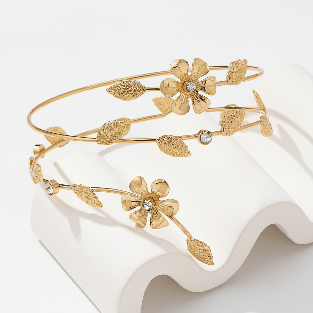 Gold Floral Leaf Cuff Bracelet on White Background
