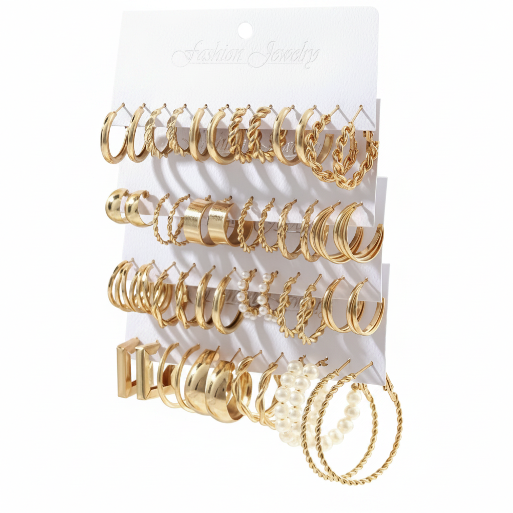 Gold Hoop Earrings Set — White Background