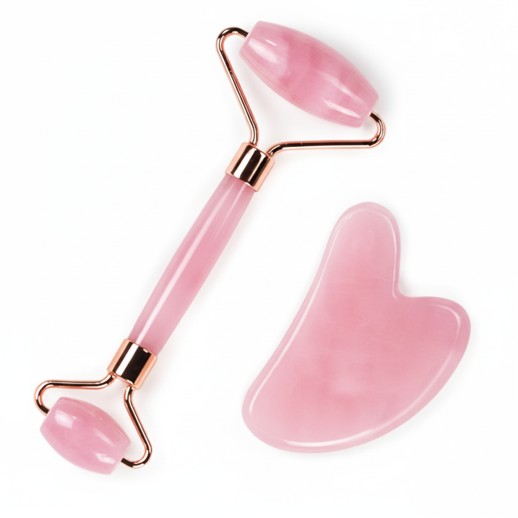 Rose Quartz Roller & Gua Sha - High Contrast White Background