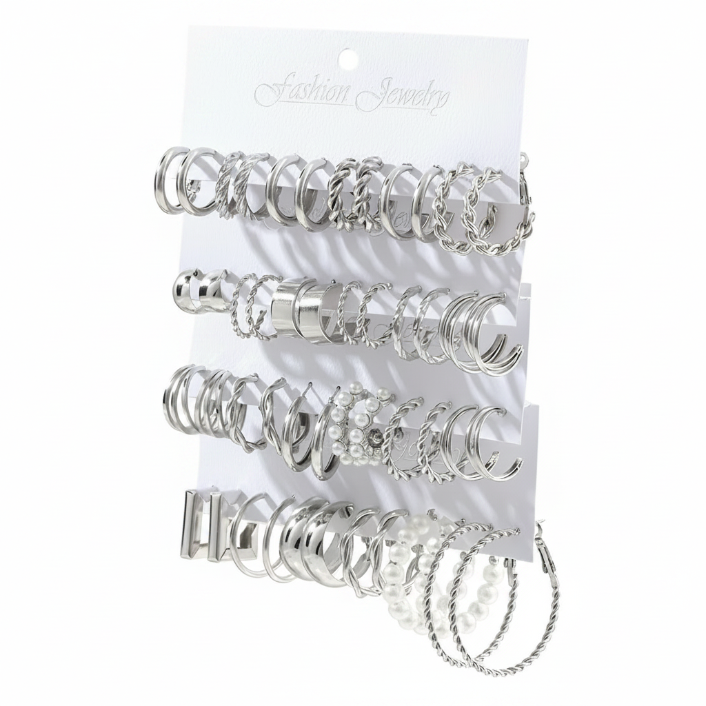 Silver Hoop Earrings Set — White Background